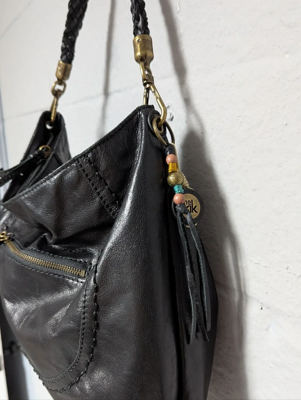 The Sak Black Shiny Leather Hobo Bag Braided Shoulder Strap